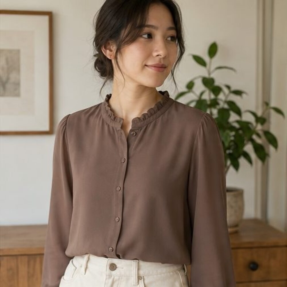Mocha Ruffle Collar Blouse - Picture 2 of 6